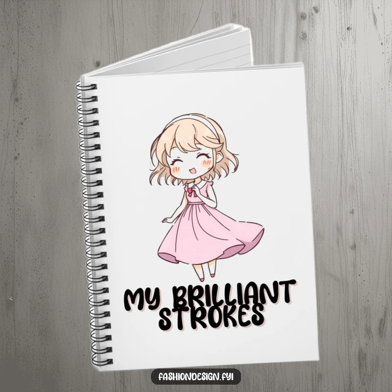 Funny notebook featuring a character sketching a flowing gown, ideal for artists to jot down ideas and designs.