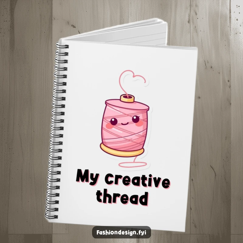Funny notebook featuring a cheerful spool of thread spinning, perfect for organizing sewing projects and creative ideas.