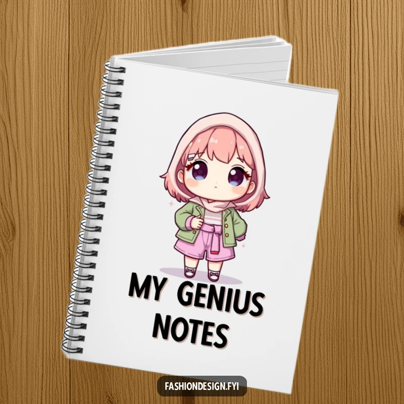 Funny notebook with a proud character presenting their fashion creation, designed for capturing design ideas and project notes.