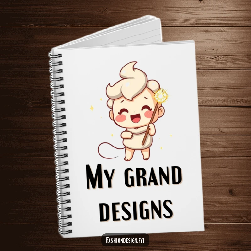 Funny notebook with a cheerful character holding a giant sparkly needle, ideal for writing, sketching, and planning projects.