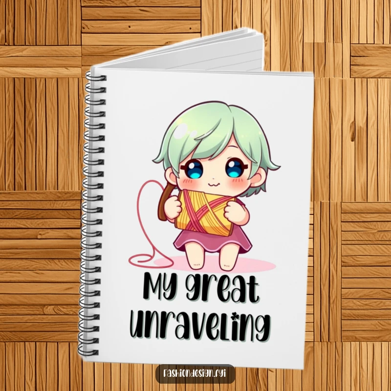 Funny Thread Spool Notebook: Smiling character holding a spool of thread unraveling, inspiring creativity and funny ideas for journaling.