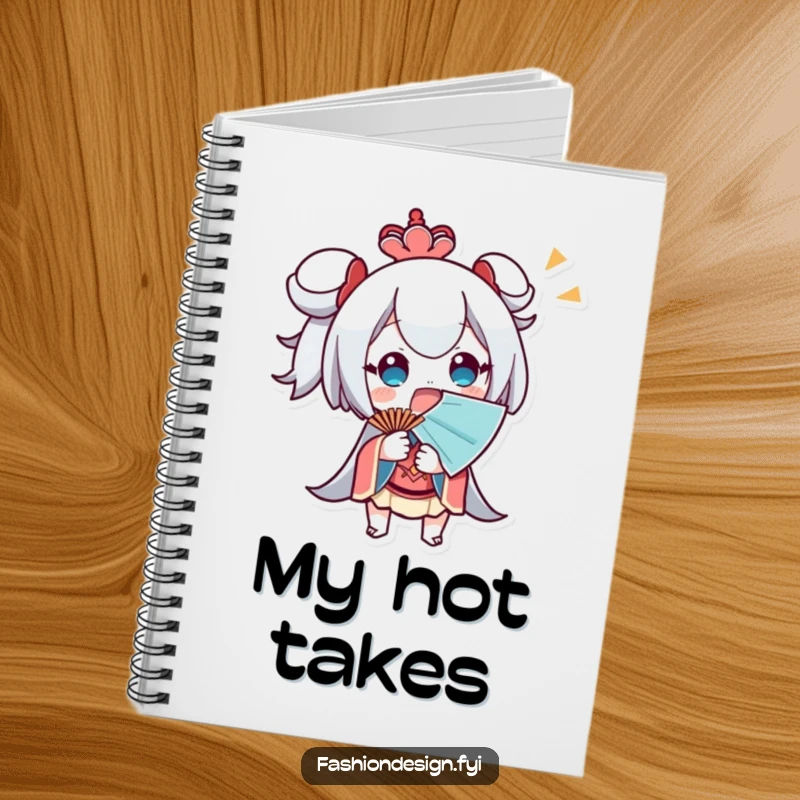 Funny Notebook with a surprised character fanning themselves with a large fan, perfect for note-taking during heated moments.