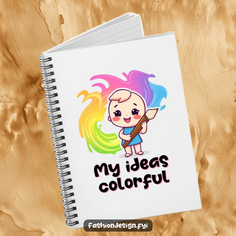 Funny notebook featuring a character with a paintbrush creating vibrant, colorful swirls, ideal for artistic notes.
