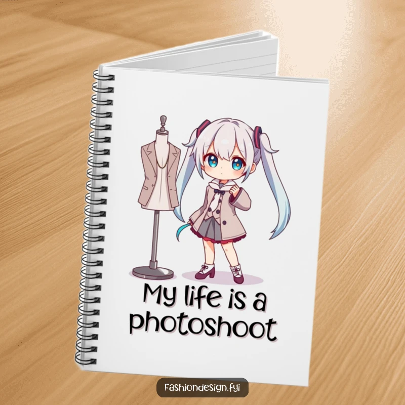 Funny notebook with a character striking a dramatic pose beside a mannequin, inspiring creative writing and artistic sketching.