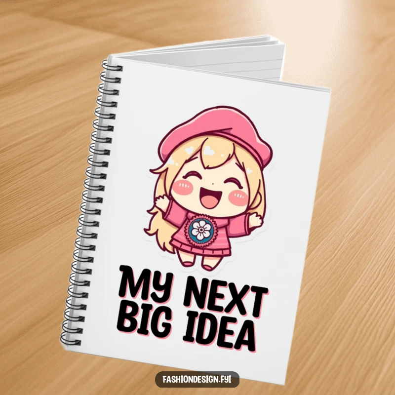 Funny notebook with a joyful character in a beret, proudly displaying a beautifully embroidered patch, perfect for journaling creative thoughts and ideas.