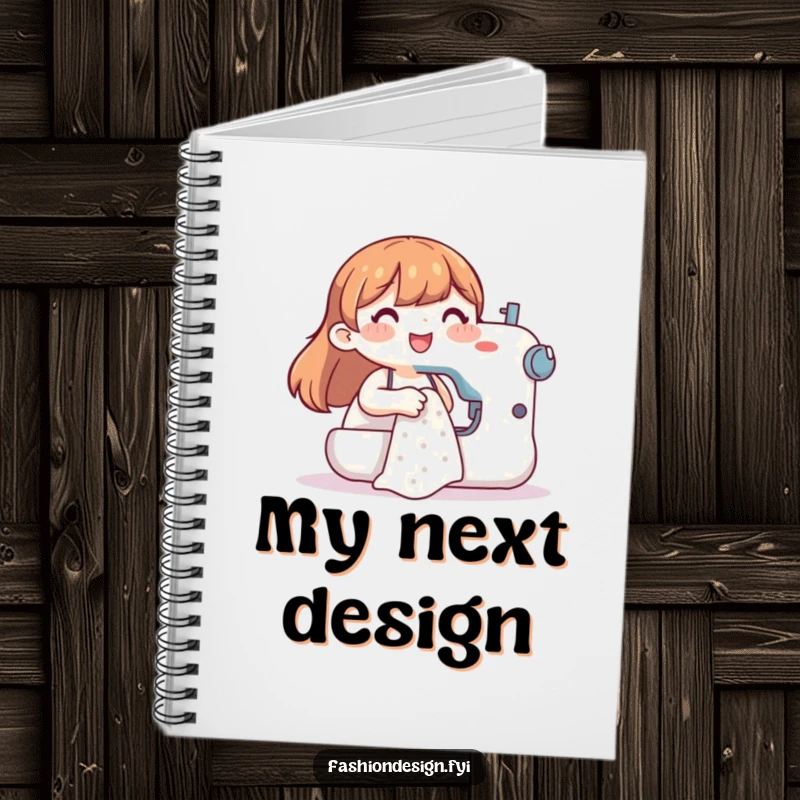 Funny notebook with a cover depicting a happy character sewing, encouraging creative planning and funny notes for makers.