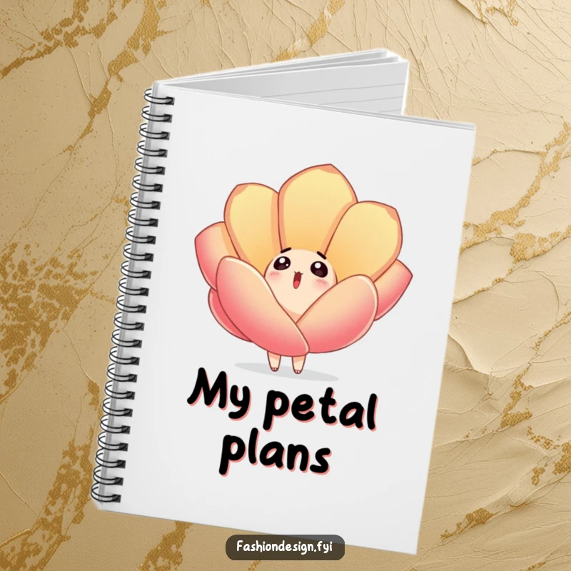 Funny notebook cover showing a surprised character looking up as an embroidered fabric petal drifts gently down, a scene of wonder for note-taking.