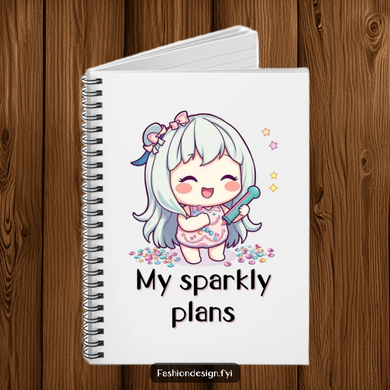 Funny notebook featuring a happy character gluing shiny sequins, perfect for recording creative ideas and crafting plans.