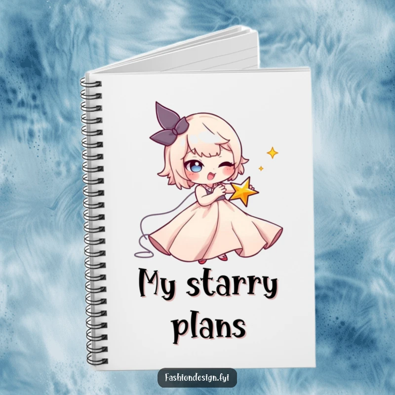 Funny Seamstress Star Notebook: A mischievous character stitches a tiny winking star onto a flowing gown, a funny gift.