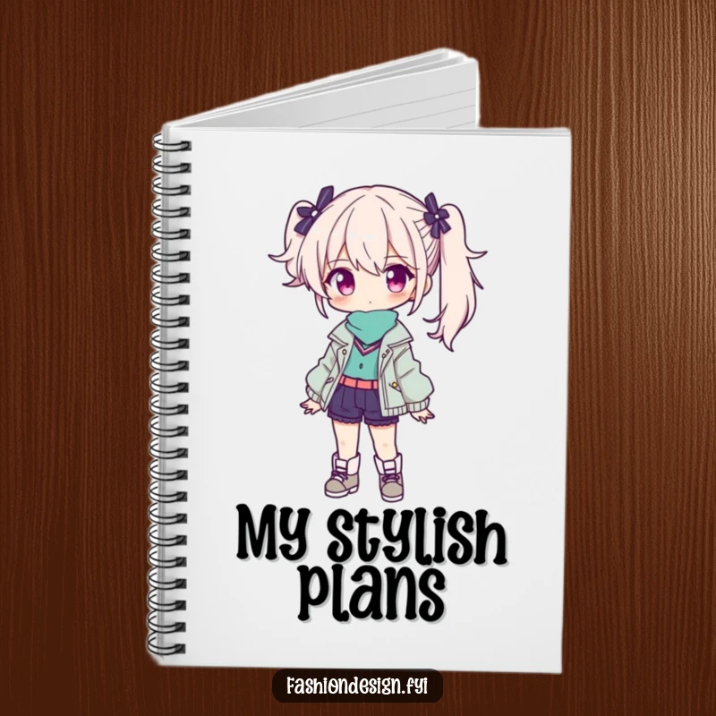 Funny notebook: a confident character presents a stylish outfit, ideal for fashion sketches and notes.