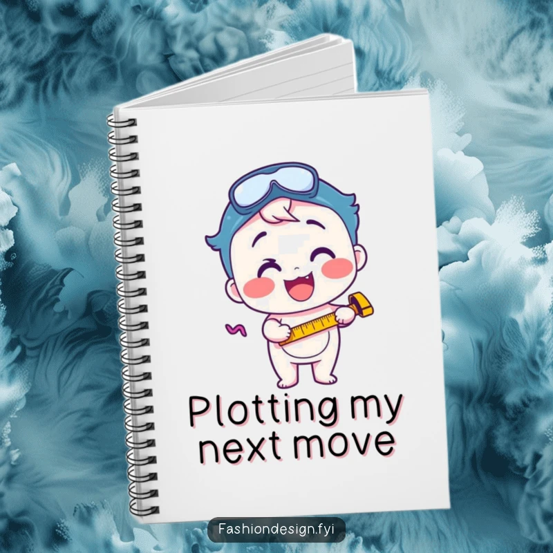 Funny notebook cover displaying a happy character with a measuring tape, representing focused excitement and meticulous planning.