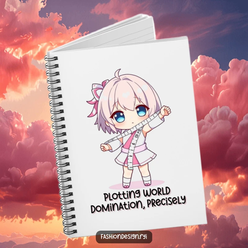 Funny notebook cover with a character dramatically posing, wearing a measuring tape like a sash; perfect for jotting down precise plans.