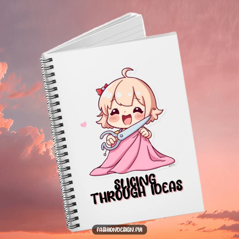 Funny notebook with a playful character excitedly cutting fabric with large scissors, encouraging creative writing.