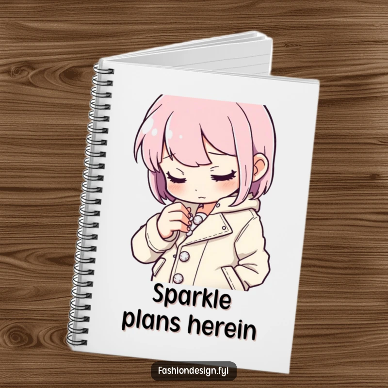 Funny button stitcher notebook featuring a focused character sewing tiny sparkling buttons onto a stylish jacket, great for detailed planning, funny gift.