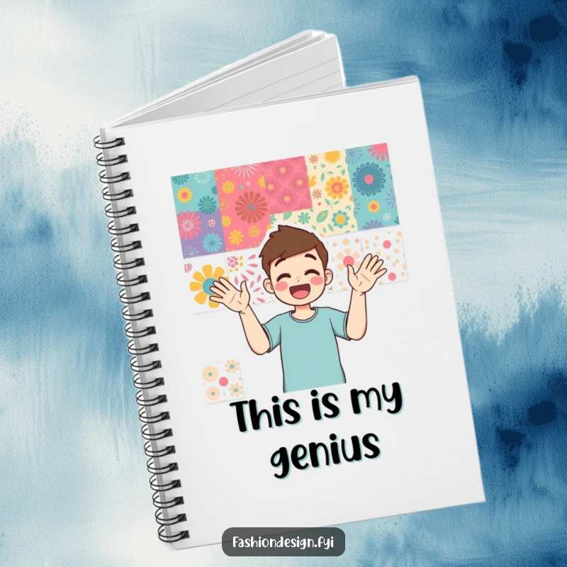 Funny notebook with an excited person gesturing at a vibrant mood board, inspiring creative thoughts and design planning.