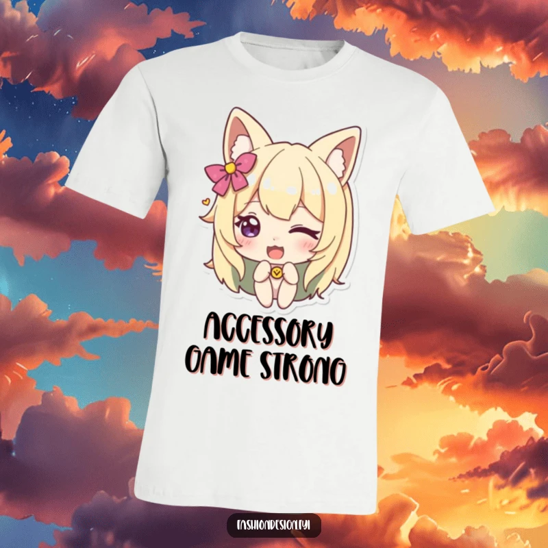 Funny t-shirt showing a character winking while attaching a whimsical accessory, symbolizing personality and lighthearted fun.