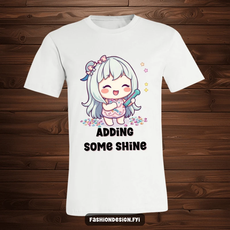 Funny t-shirt depicting a joyful character meticulously gluing shiny sequins, symbolizing creativity and a love for sparkle.