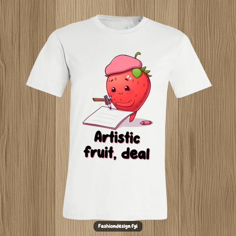 Funny plump strawberry with a beret, sketching dramatically on a large notepad, t-shirt, ideal funny gift.
