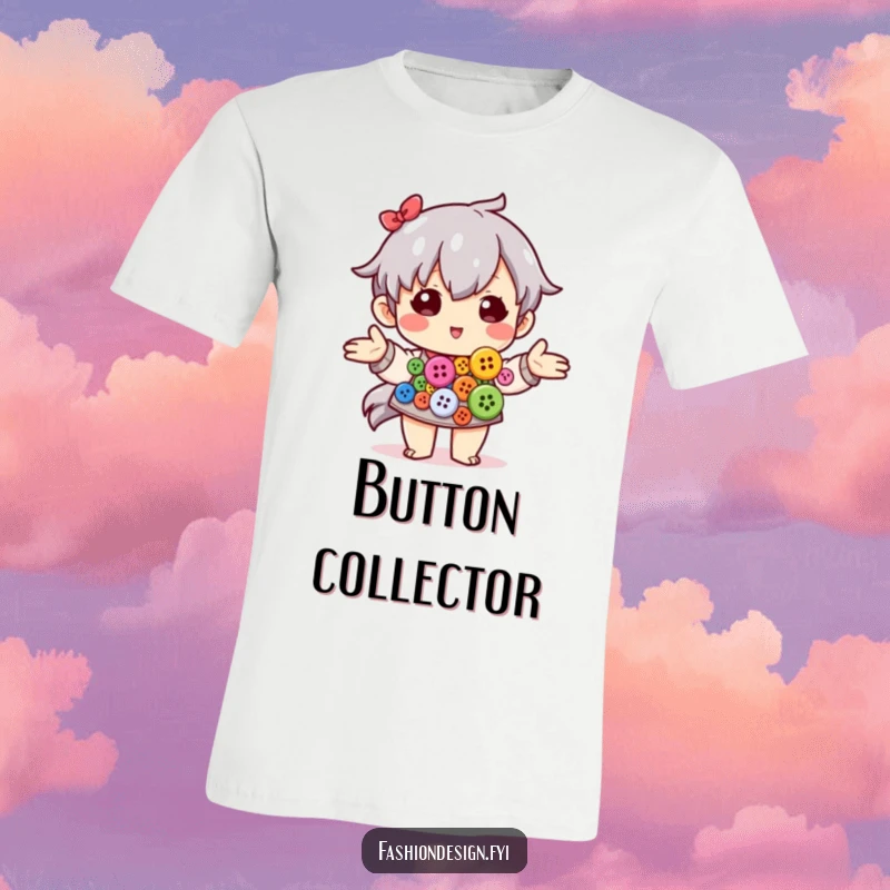 Funny t-shirt illustrating a proud character artfully arranging a vibrant collection of colorful buttons.