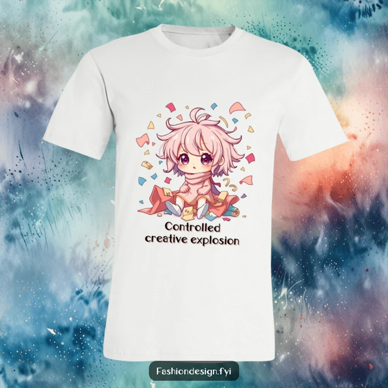 Funny t-shirt featuring a character in a state of creative chaos, surrounded by a flurry of colorful fabric scraps; perfect for sewers.