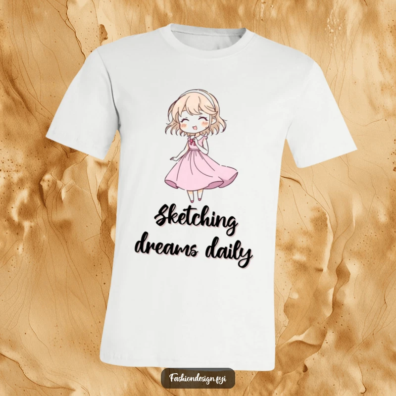 Funny t-shirt featuring a character joyfully sketching a flowing gown, celebrating the art of fashion design.