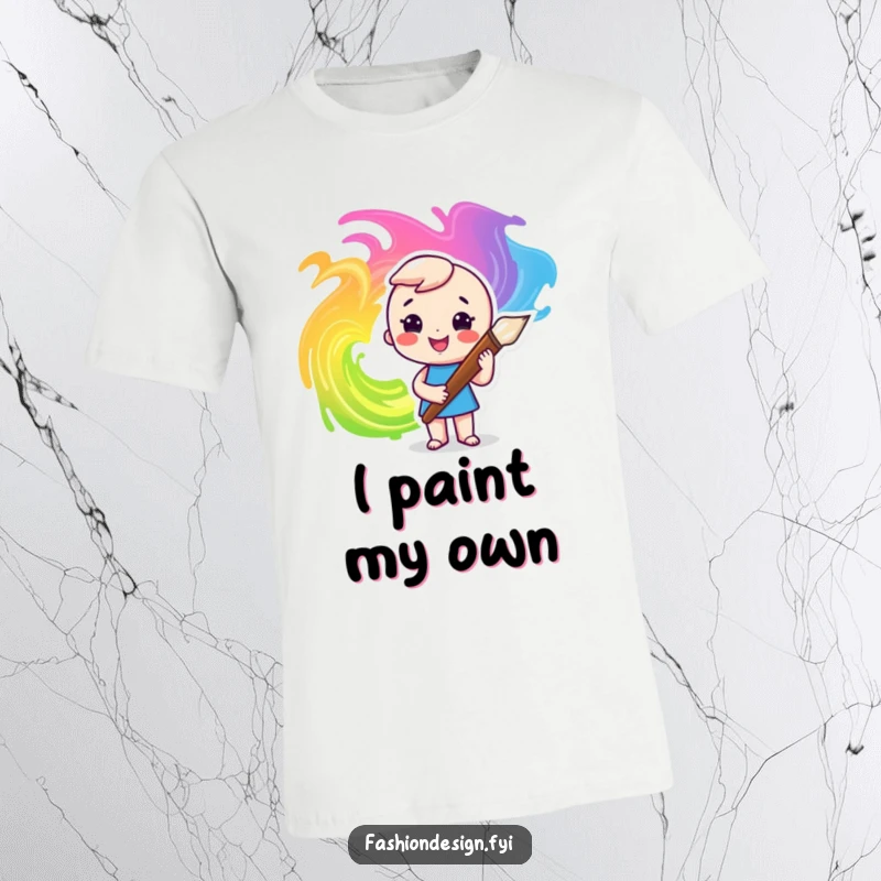 Funny t-shirt featuring a cheerful character holding a big, colorful paintbrush, adding energetic swirls of paint.