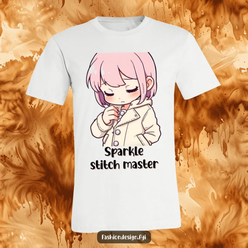 Funny button stitcher t-shirt of a focused character sewing tiny sparkling buttons onto a stylish jacket, excellent funny gift.