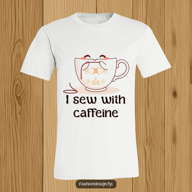 Funny teacup t-shirt, a happy character with needle and thread, embroidering a pattern, ideal for sewing and craft lovers.