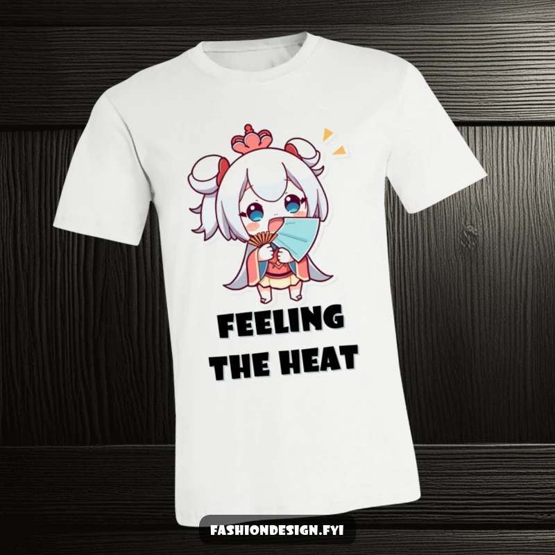Funny T-Shirt of a surprised character fanning themselves rapidly with a large fan, humorously depicting being overwhelmed.