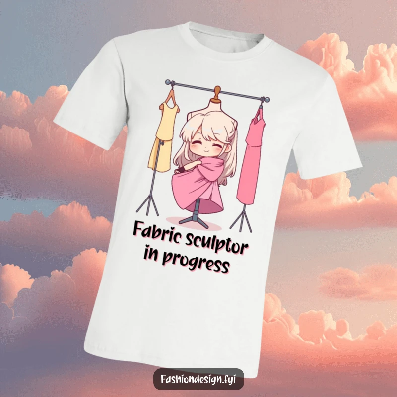 Funny t-shirt illustration of a focused character skillfully draping fabric on a mannequin, embodying determination and fashion artistry.