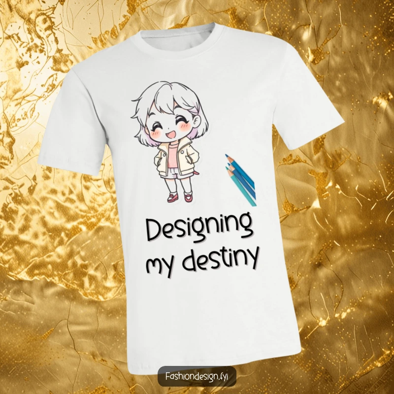 Funny t-shirt featuring a cheerful character sketching a fashion design with great enthusiasm, perfect for artists and designers.