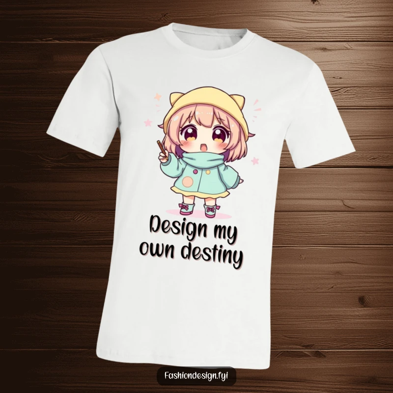 Funny t-shirt featuring an excited character meticulously sketching a unique, elaborate, and whimsical fashion design.