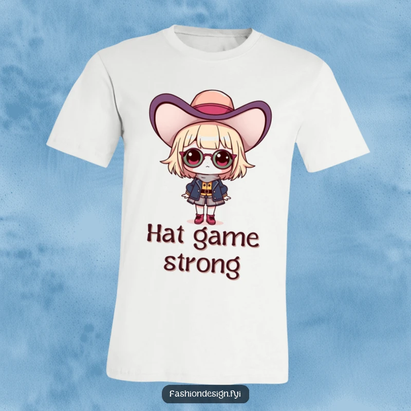 Funny t-shirt with a proud fashionista character sporting a hilariously oversized hat, embodying confidence and fashion-forward humor.