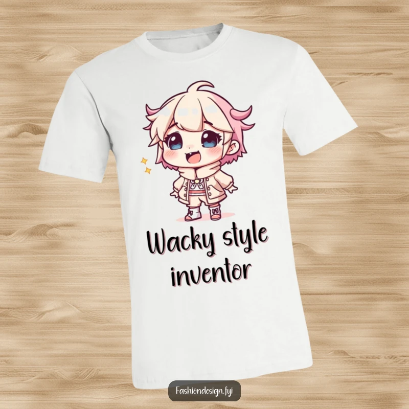 Funny Designer T-Shirt: A giggling designer enthusiastically sketches a bizarre and colorful outfit, celebrating creative fashion.