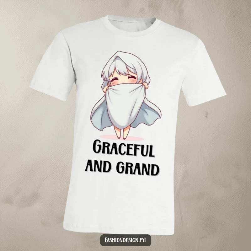 Funny T-Shirt showing a cheerful character gracefully draping cloth with elegant, fluid movements, celebrating design.