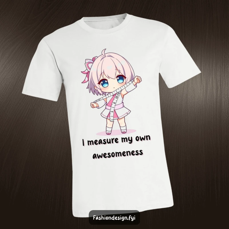 Funny t-shirt showing a character dramatically posing, with a measuring tape worn like a sash; ideal for sewers, builders, and DIY lovers.