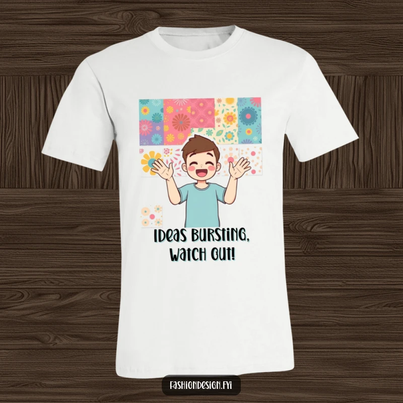 Funny t-shirt of a person excitedly pointing at a busy mood board filled with vibrant, artistic patterns.