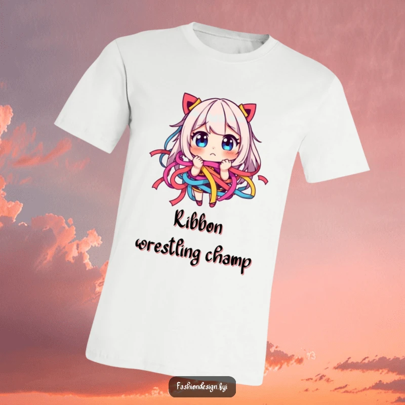 Funny t-shirt of a character comically tangled in colorful ribbons, looking playfully frustrated, representing delightful chaos.