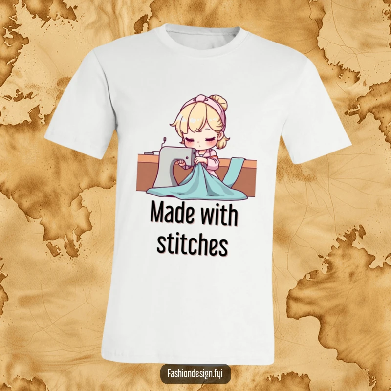 Funny Seamstress T-Shirt: a character skillfully drapes fabric, showcasing intense focus and sewing prowess, a must-have for crafters.