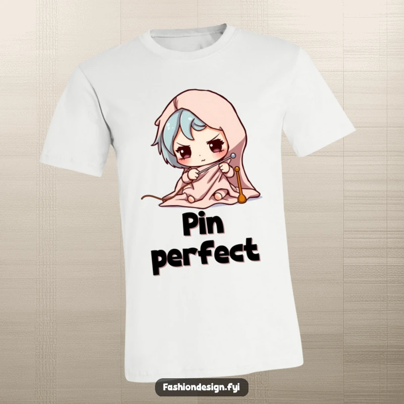 Funny t-shirt illustrating a character intensely concentrating while pinning fabric with precision for sewing.
