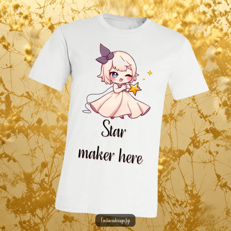 Funny Seamstress T-Shirt: A mischievous character uses a needle to stitch a tiny winking star onto a flowing gown, a funny gift.