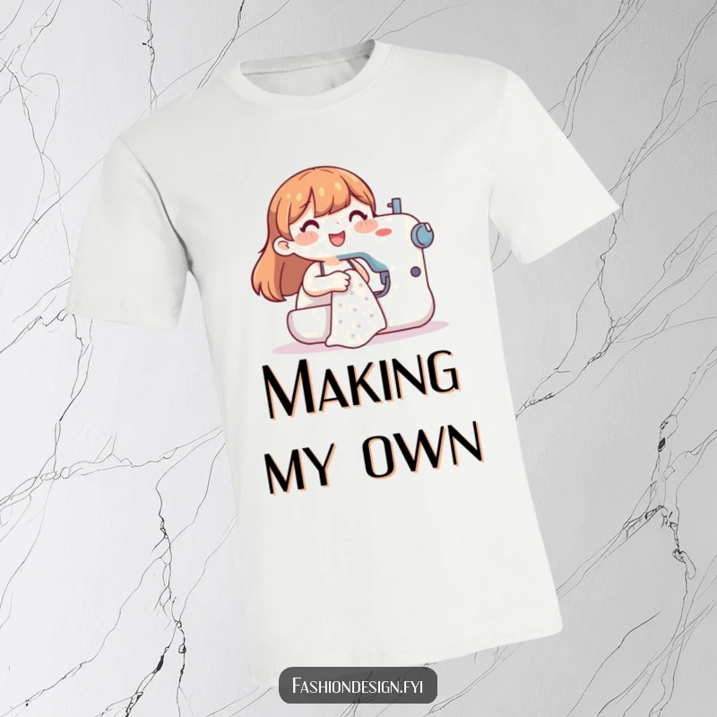 Funny t-shirt depicting a gleeful character actively sewing a piece of clothing, a humorous celebration of handmade creations.