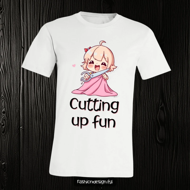 Funny t-shirt featuring a playful character excitedly cutting fabric with large scissors, perfect for sewers.