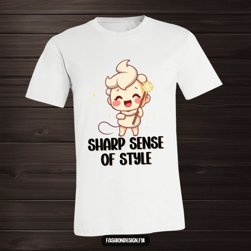 Funny T-shirt depicting a cheerful character joyfully holding a large, sparkling needle, celebrating the art of sewing.
