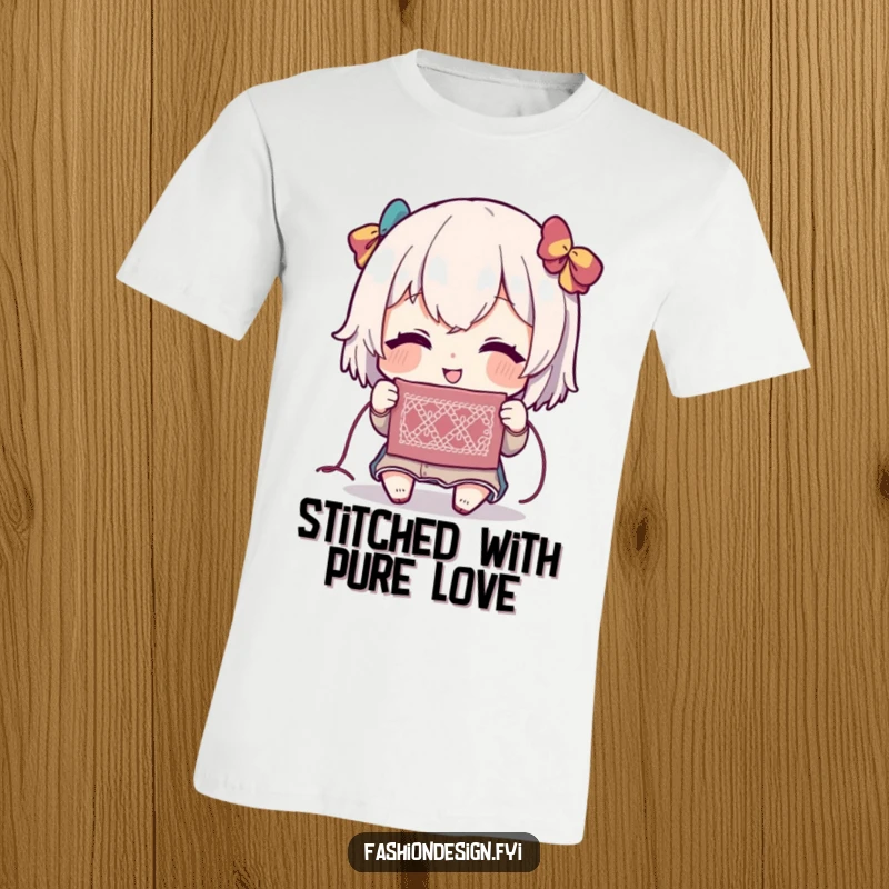 Funny t-shirt depicting a character with a delighted expression, closely examining a single, delicate, intricate stitch.