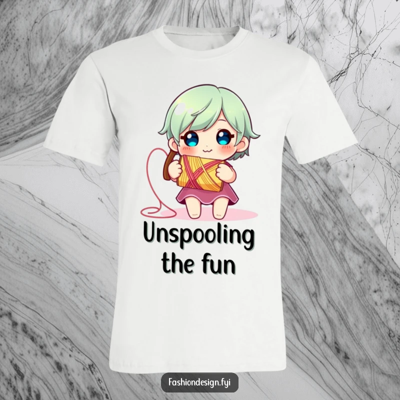 Funny Thread Spool T-Shirt: Adorable character smiling, holding a vibrant spool of thread as it unravels, perfect for sewing enthusiasts.