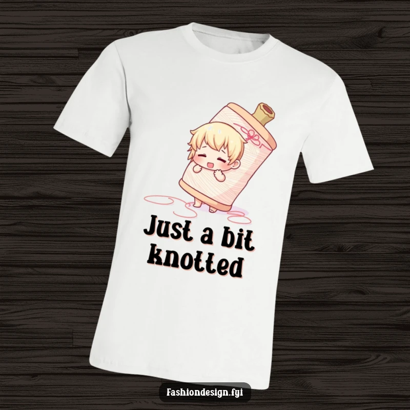 Funny t-shirt featuring a cute character adorably wrestling with an enormous spool of thread, a humorous take on crafting.