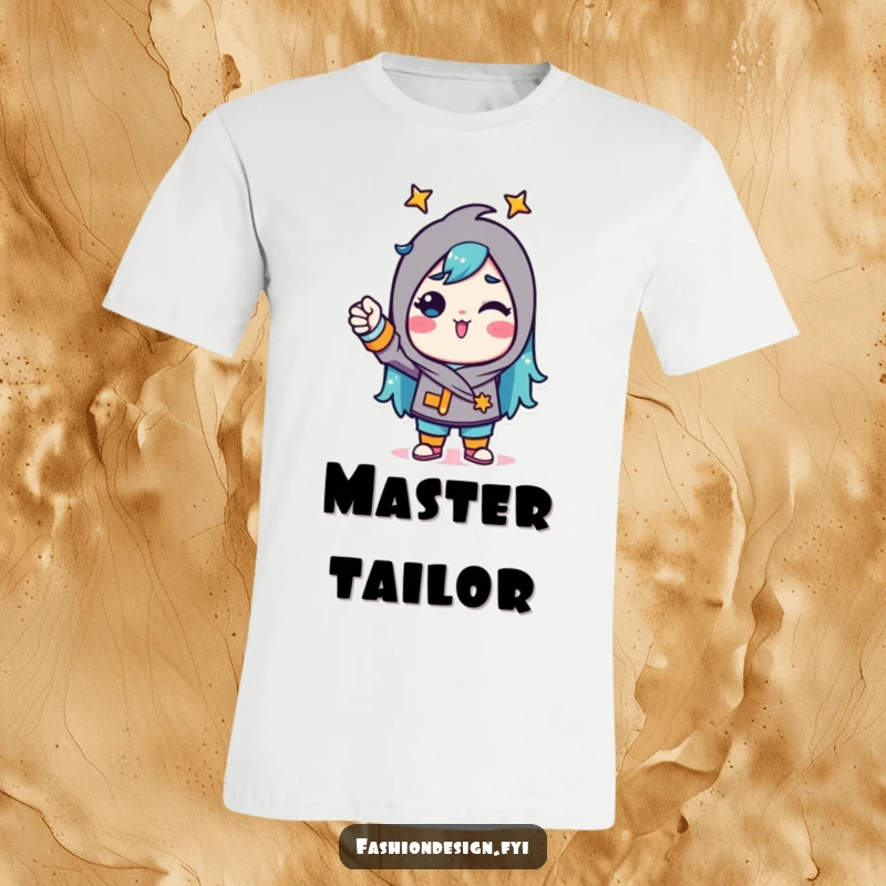 Funny T-Shirt of a triumphant character joyfully pinning fabric with a bold, confident gesture, inspiring crafters.