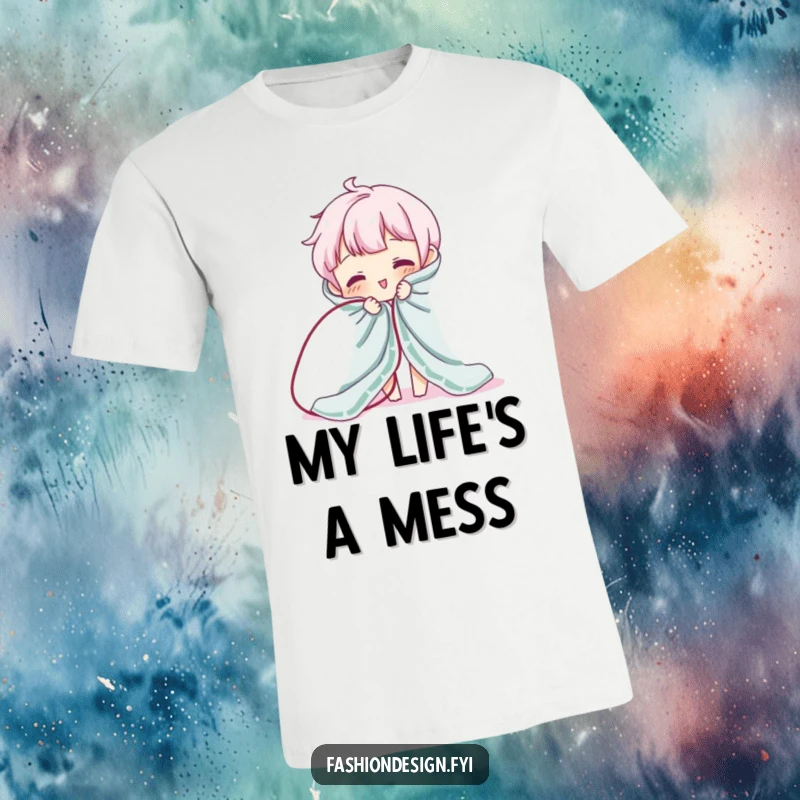 Funny t-shirt with a character hilariously unraveling fabric by pulling a single thread. A humorous top for gift-givers.