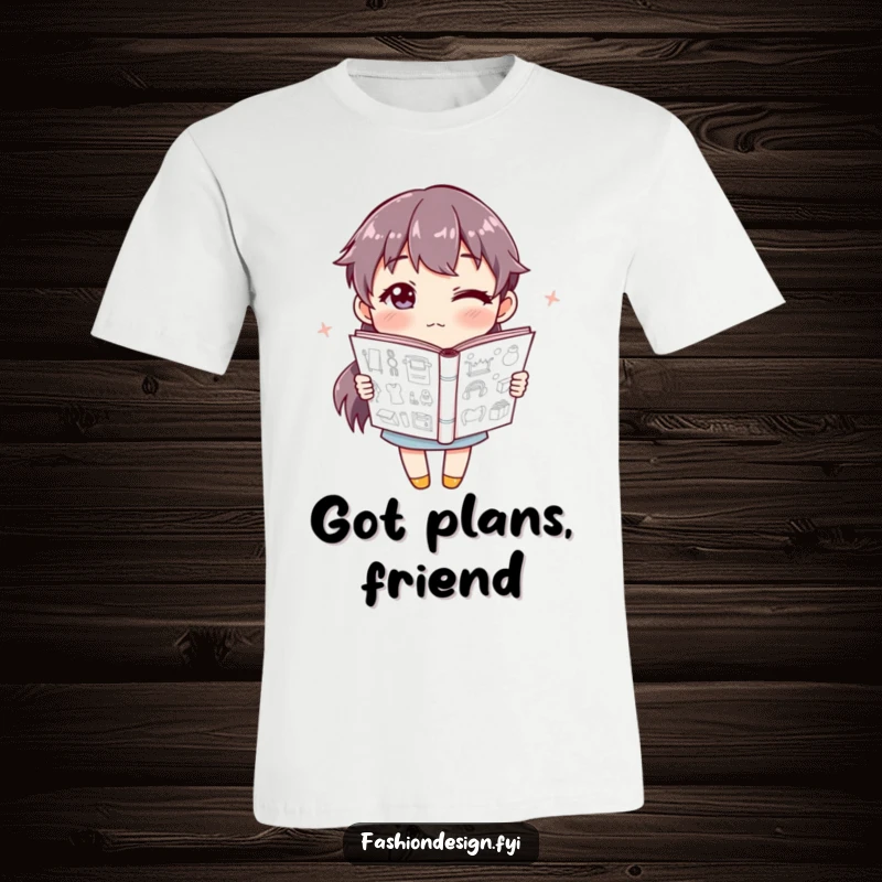 Funny T-Shirt featuring a winking character holding a sketchbook filled with innovative designs, representing creativity.